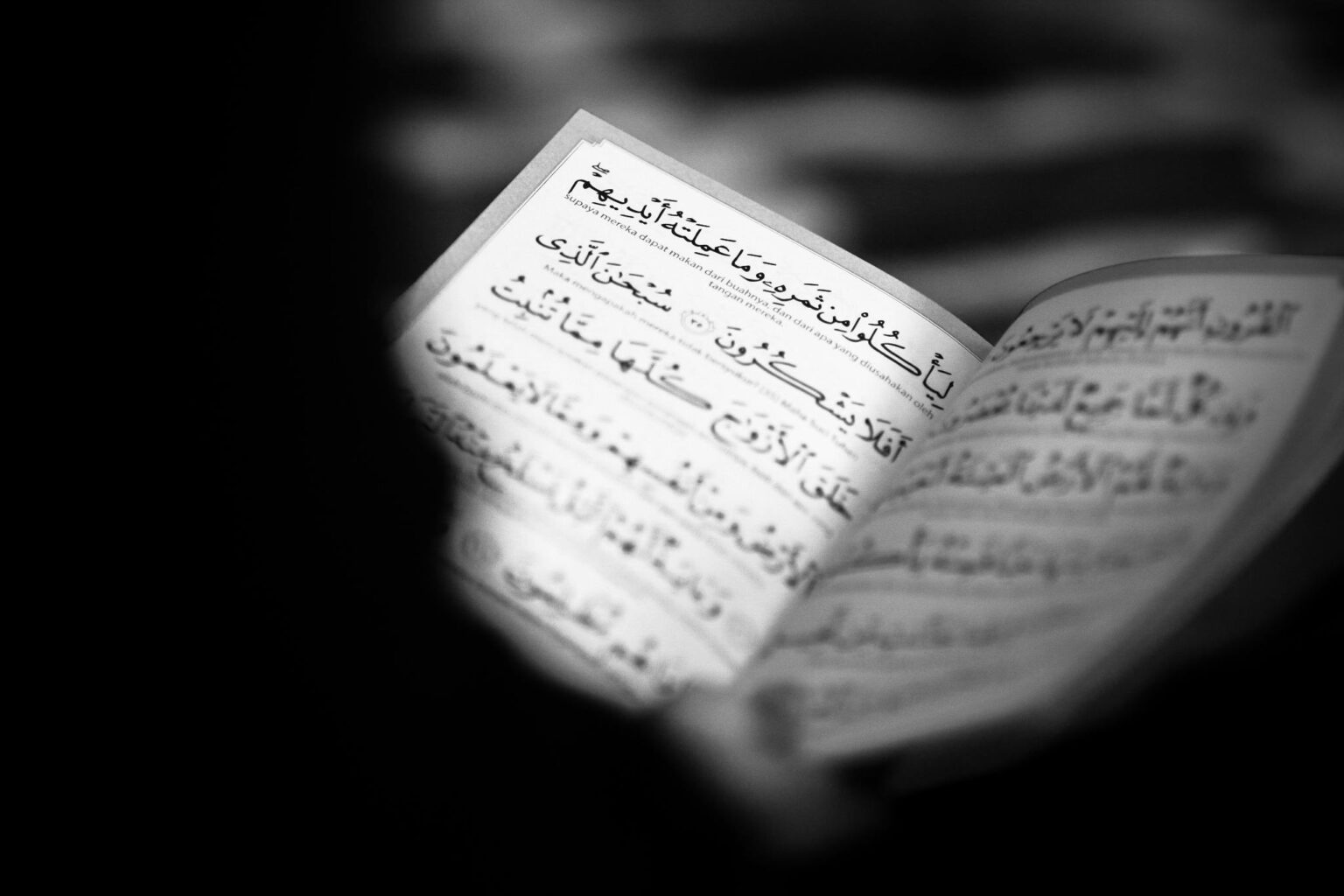 Black and white image of an open Quran highlighting Arabic script, emphasizing spirituality.